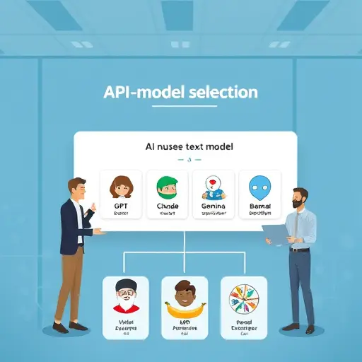 diagram illustrating API request flow for AI model selection, cartoon icons for different AI models (GPT, Claude, Gemini, Banana-AI)