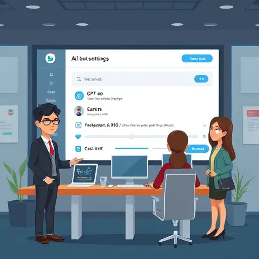 cartoon style UI mock of an AI dashboard showing Telegram bot settings: model selector (GPT-4o, Claude, Gemini)