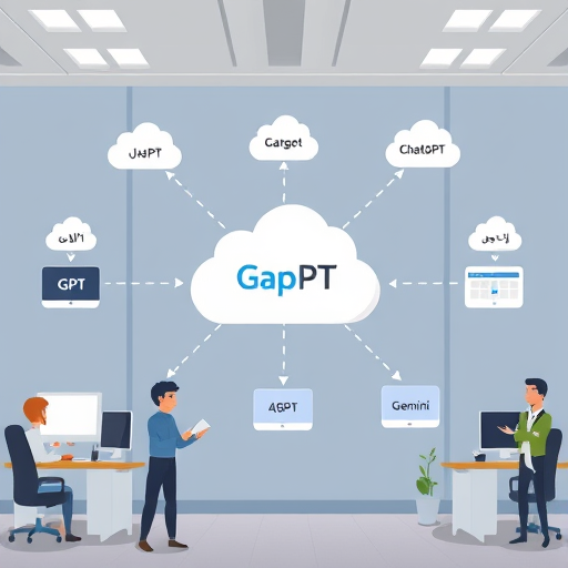 modern API architecture diagram, cartoon style, showing GapGPT in the center routing requests to ChatGPT, Claude, and Gemini AI models, with distinct cloud icons and animated data flows, clean, text-free