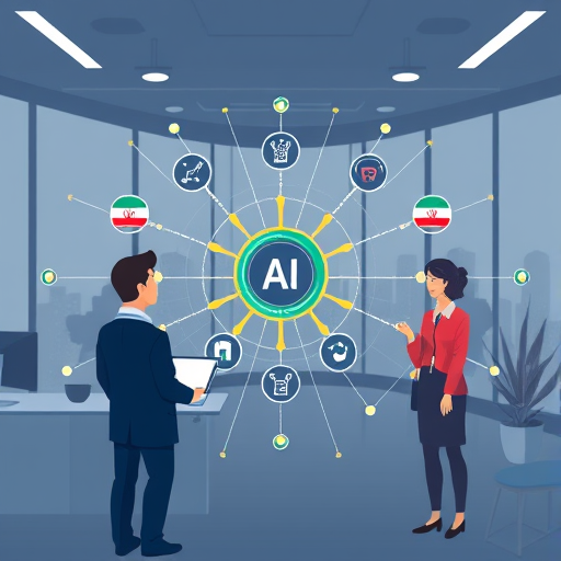 abstract illustration of AI models interconnected in a network, geometric patterns with Iranian color scheme, minimal tech cartoon, showing ChatGPT, Claude, Gemini as nodes, text-free