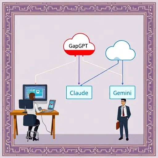 cartoon-/app connecting to a unified API node labeled GapGPT, which then routes traffic to three labeled clouds: