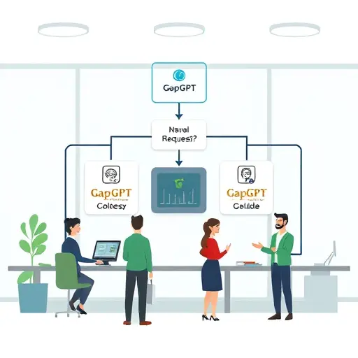 cartoon-style flowchart: client app sending API requests with different 