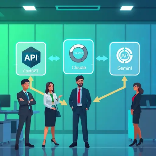 modern API gateway cartoon showing branching arrows to three stylized AI model icons for ChatGPT, Claude, and Gemini, glowing green and blue cyber background, no text