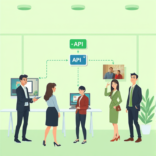 API integration concept, animated flow from website to AI model to generated images, cartoon style, green and blue tones, text-free