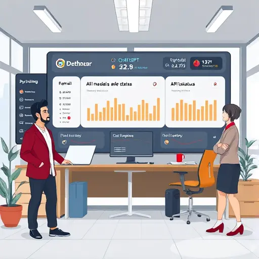 cartoon dashboard UX, showing real-time API status for multiple AI models (ChatGPT, Claude, Gemini)