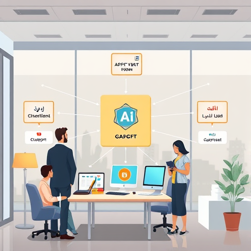 modern API architecture diagram illustration, cartoon style, showing GapGPT client connecting securely to multiple AI models (ChatGPT, Claude, Gemini)