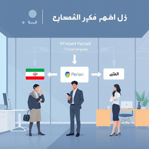 abstract tech diagram showing API request payload choosing language and model, arrows leading to diverse voice engines (Persian, English, Arabic)