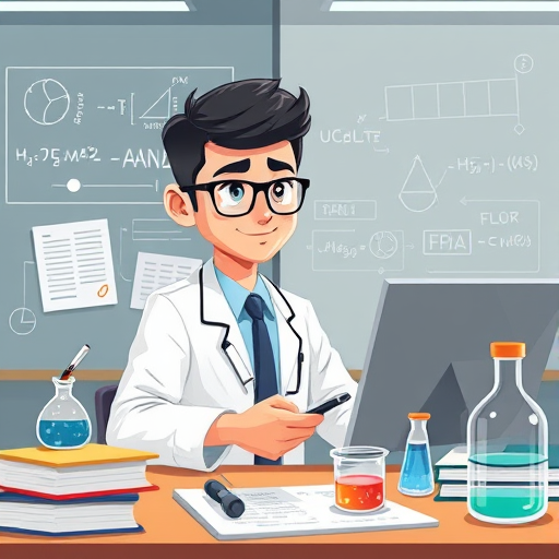 animated cartoon-style Iranian student using an AI tool for chemistry exam prep, surrounded by test sheets, chemistry books, and formulas, digital technology accents, text-free