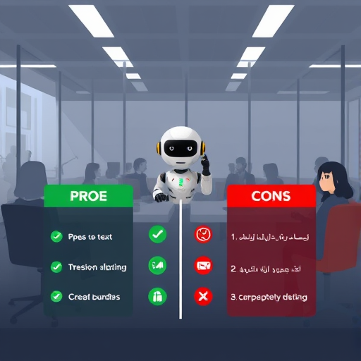animated illustration showing pros and cons list for ChatGPT Plus Free, green and red icons, AI chatbot character, clean dark UI, no text