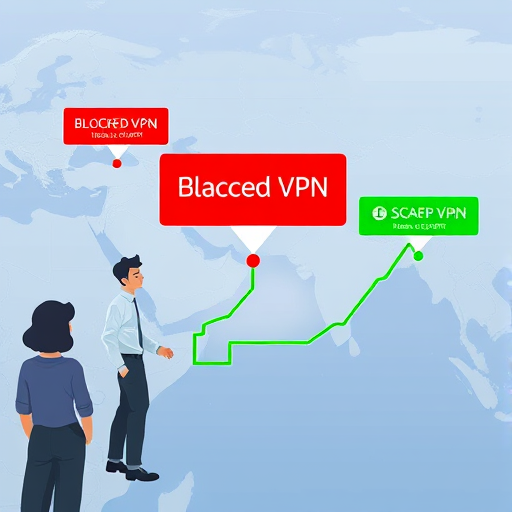 animated cartoon illustration of a map with a blocked VPN and a highlighted Iranian AI platform, warning icons on VPN, secure green path to GapGPT, no text