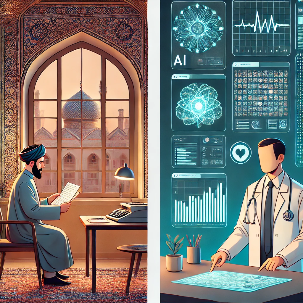 split-screen cartoon illustration: traditional doctor checking paper test results vs AI-