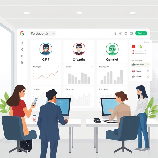 infographic style illustration showing a user choosing between multiple AI chatbot icons (GPT, Claude, Gemini)