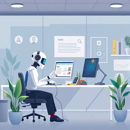 animated productivity scene with AI chatbot helping a user multitask (writing, analyzing data, translating)