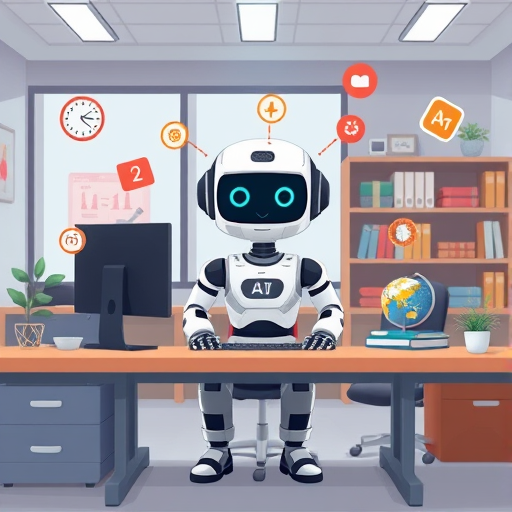 cartoon illustration of a personalized AI tutor as a chatbot, sitting behind a digital desk, animated education icons floating around (books, globe, math symbols)