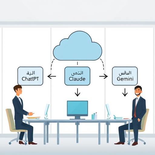 illustration:'s app splitting to three labeled cloud boxes: ChatGPT, Claude, Gemini (all animated icons)