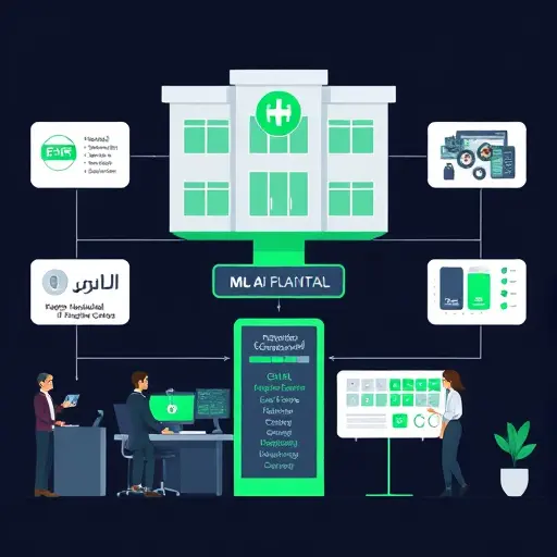 animated hospital IT architecture diagram showing EHR, PACS, API gateway, ML model service, monitoring dashboard; clean dark UI; green accent;; text-free; --ar 16:9