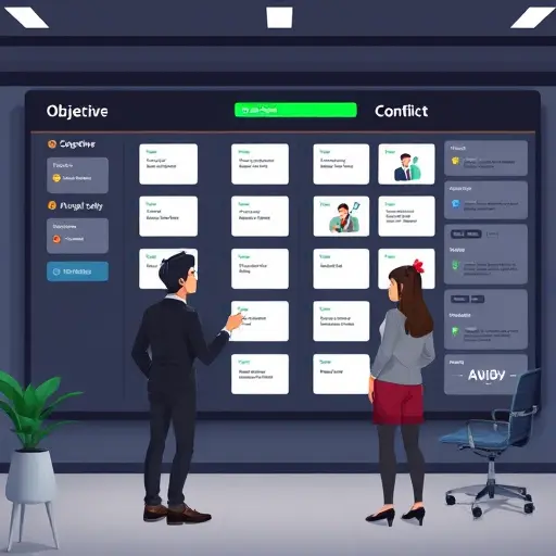 AI writing assistant organizing scene cards on a kanban-style board, columns for objective, conflict, turn, visual motif, dark interface, green highlights, no text, clean animated style