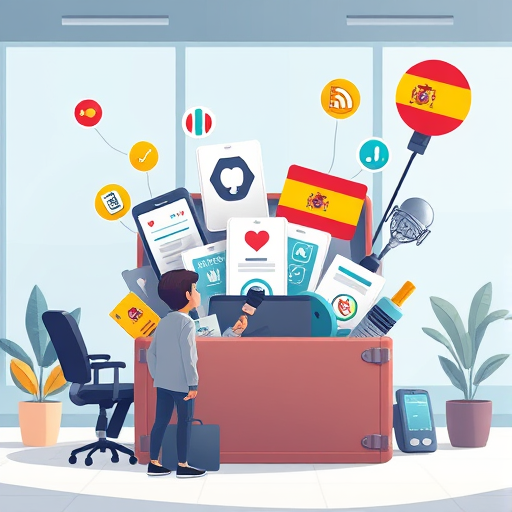cartoon scene of a digital toolbox with Spanish e-