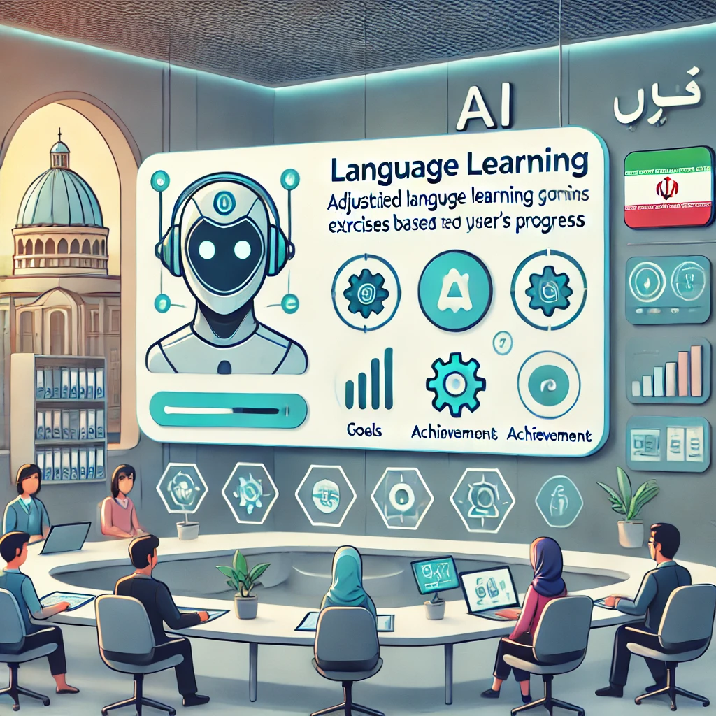cartoon illustration of a personalized ai interface adjusting language learning goals and exercises based on user’