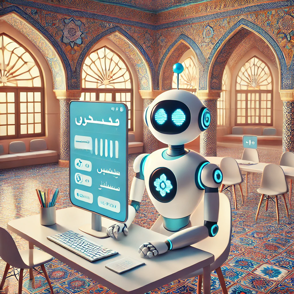 illustration of an animated AI robot generating language quizzes and grammar exercises for users, interactive digital test interface, engaging cartoon style, text-free