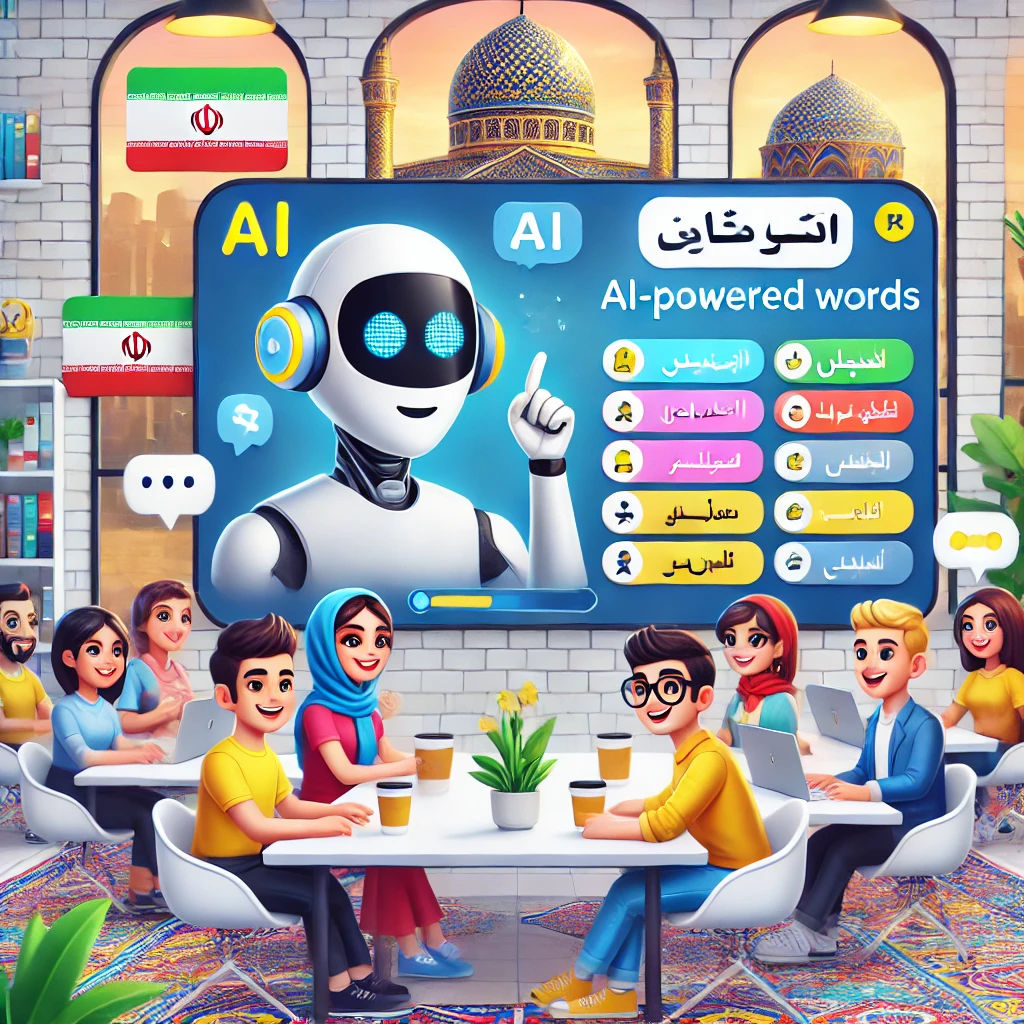 fun and colorful cartoon illustration of an AI-powered language game with animated characters guessing words, digital cards and playful icons, no text