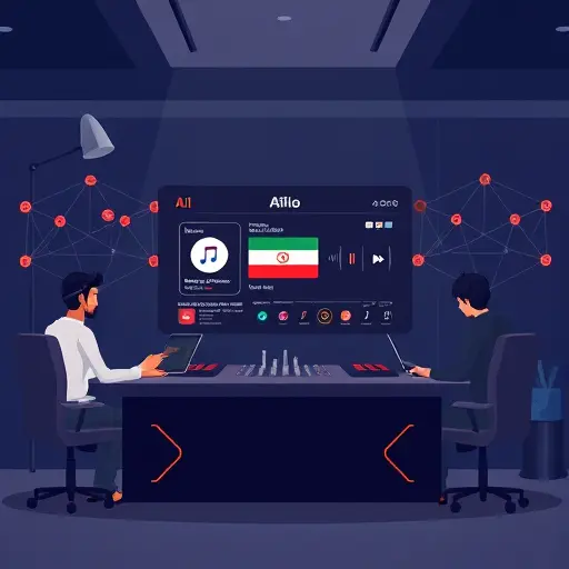 animated illustration of an AI DJ console recommending tracks, flowing sound waves and neural network nodes, dark theme matching #171717