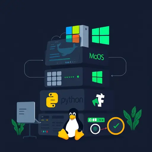 modern dark-themed software stack illustration for AI: Windows, macOS, Linux logos, Python, Docker, Git icons arranged in a clean layout, green accents, minimal, text-free
