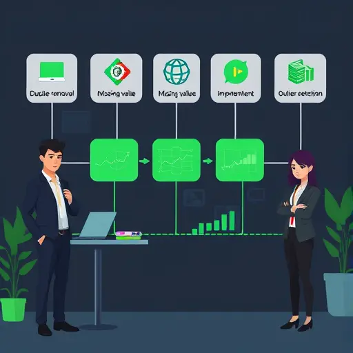 animated illustration of a clean data pipeline: icons for duplicate removal, missing value imputation, and outlier detection;