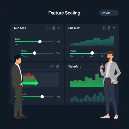 feature scaling and normalization concept: sliders and charts showing Min-Max and StandardScaler, abstract animated UI, dark background, green accent, no text