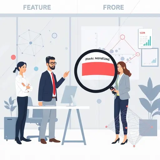 feature engineering and selection illustration: geometric shapes representing features, magnifying glass selecting top features, scatter plots and neural network abstract, minimalist tech style, text-free