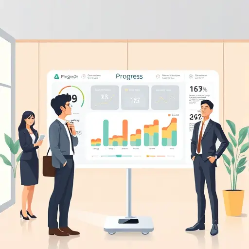 animated progress dashboard with charts for weight, waist circumference, and energy levels; smart scale and measuring tape icons;;; no text