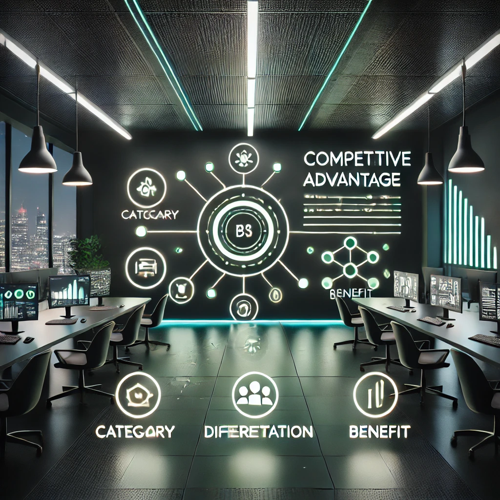 abstract competitive advantage diagram with category, differentiation, and benefit icons, sleek dark UI, neon green accents matching #94d3a2, text-free, minimal geometric illustration