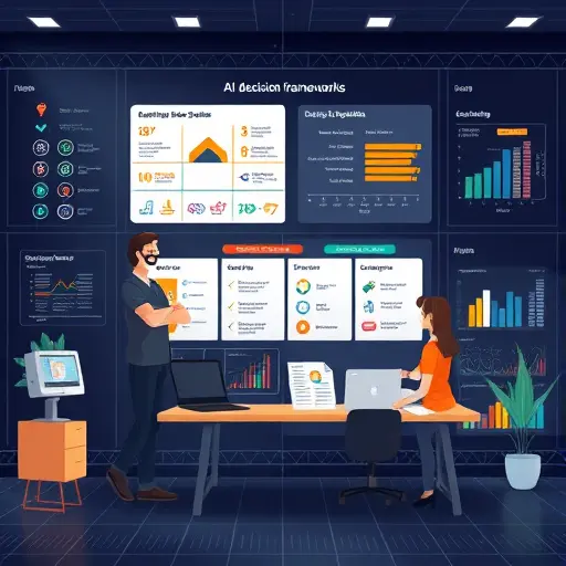 modern illustration of AI decision frameworks, including risk matrix, scenario planning cards, and cost-