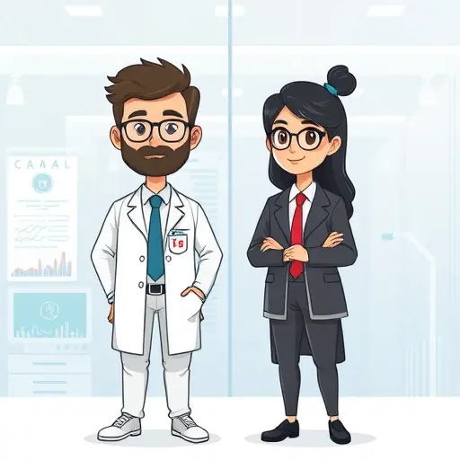 cartoon-style illustration comparing different AI models with icons, charts and medical test sheets, technology-