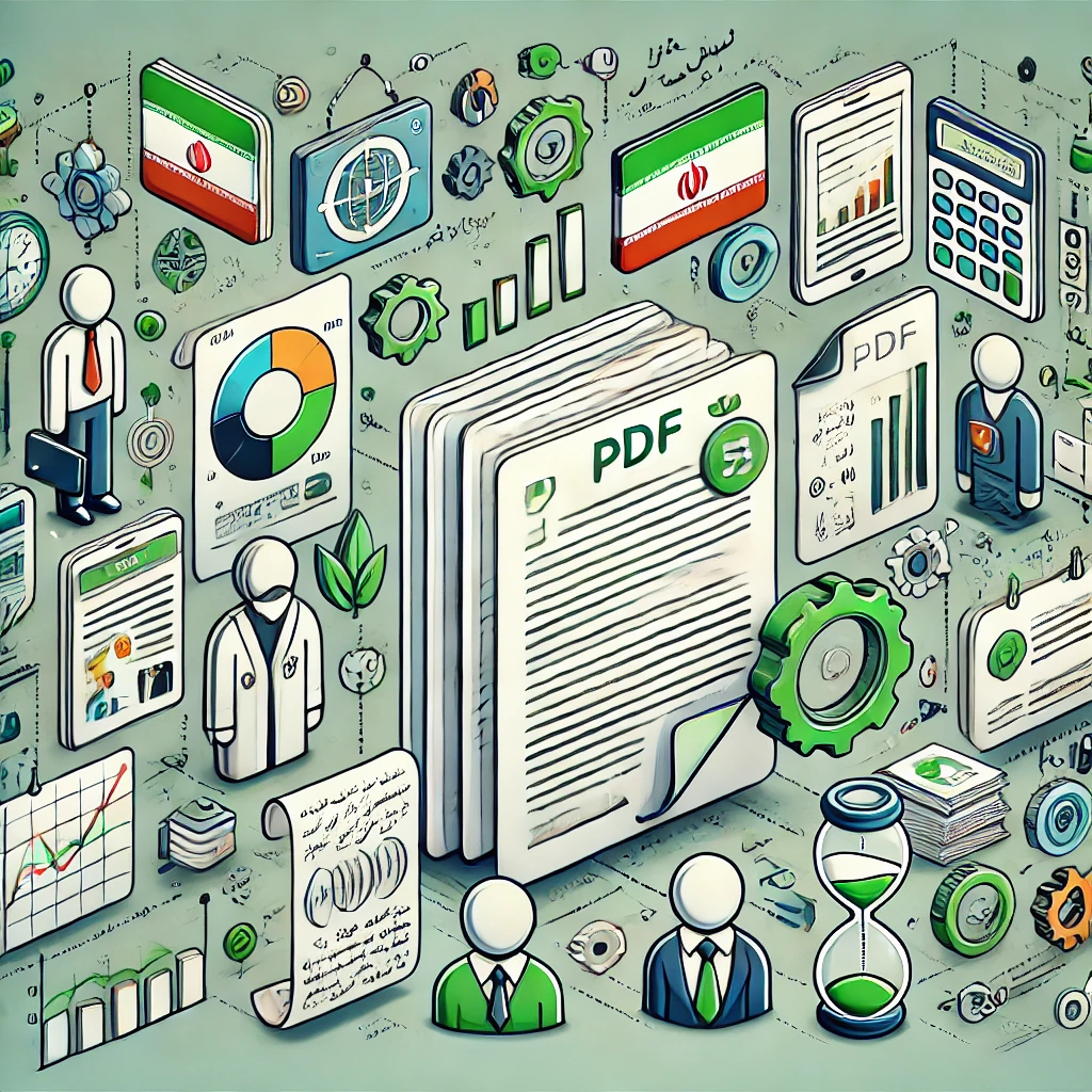 illustration of PDF translation challenges, showing complex layouts, tables, and formulas, cartoon style, technology color palette, green highlights, no text