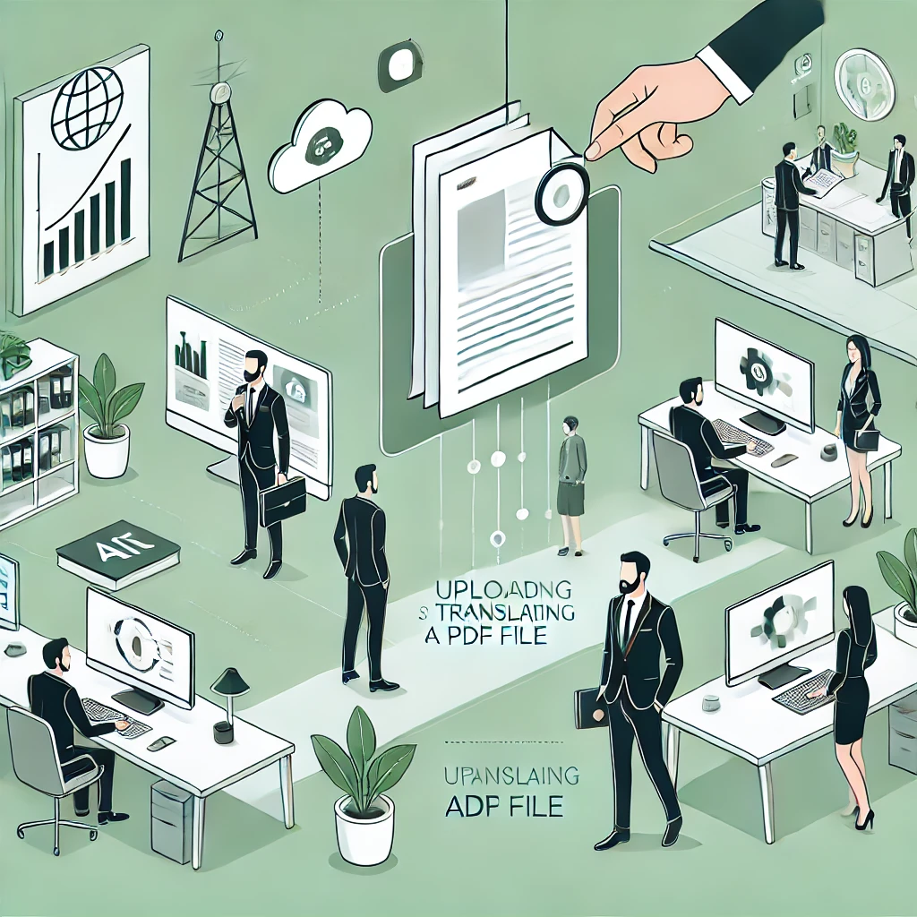 step by step cartoon illustration of uploading and translating a PDF file using an AI platform, showing each stage, green and white color palette, no text