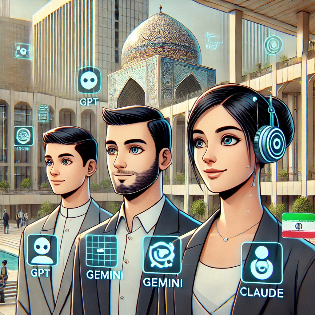 cartoon icons of various AI models (GPT, Gemini, Claude)