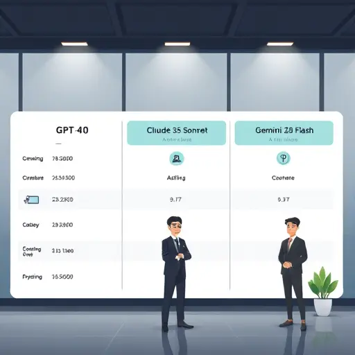clean animated comparison board for GPT-4o, Claude 3.5 Sonnet, and Gemini 2.0