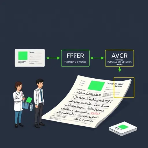 cartoon style illustration of a messy handwritten medical prescription on paper, AI OCR pipeline steps visualized (deskew, denoise, contrast, binarization, bounding boxes), dark theme with green accents (#94d3a2)