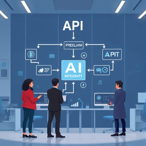 modern API integration flowchart illustration, showing arrows from legacy systems and databases to AI API endpoints (OpenAI style)