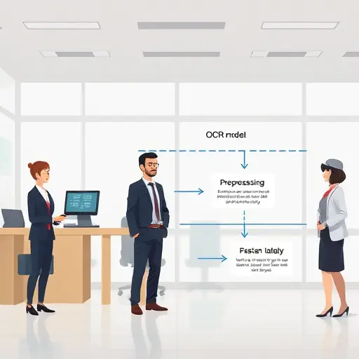 animated workflow diagram showing scan -> preprocessing (deskew, denoise) -> OCR model -> post-processing (normalization)