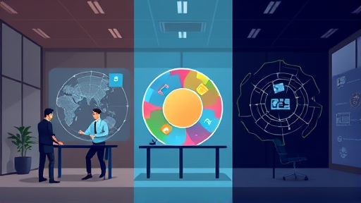 cartoon-style infographic differentiating surface web (colorful, open), deep web (hidden data layers), and dark web (shadowy, locked), technology digital art, no text