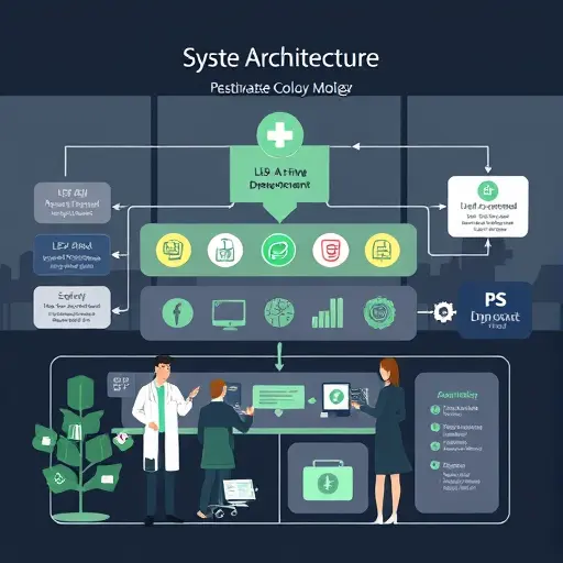 system architecture diagram illustration, LIS/HIS integration with AI API layer, secure connections, HL7/FHIR icons, dark theme, green accents, clean infographic style, no text
