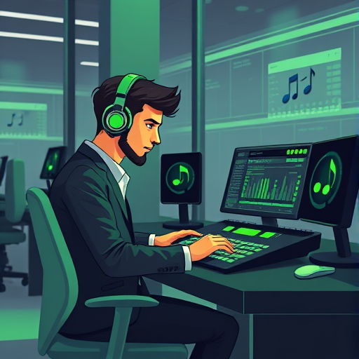 abstract illustration of a music composer using a futuristic AI-powered music workstation, digital interface showing notes and chords, vivid green/