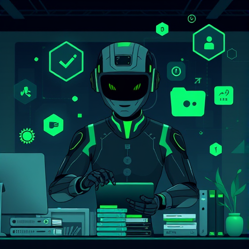 illustrated AI agent, sorting and organizing abstract data files and folders, cyber-