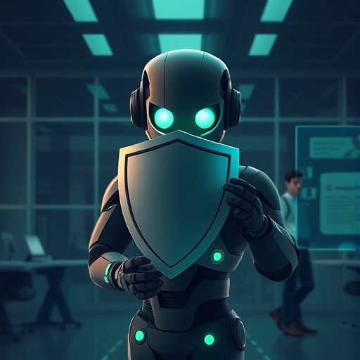 cybersecurity illustration, AI robot guard with shield, protecting digital documents and data, dark and green tech style, text-free