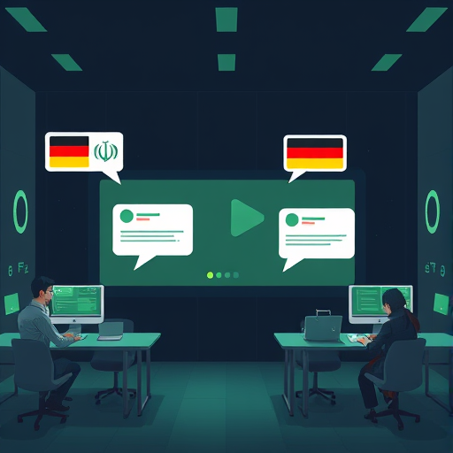 abstract illustration of AI technology correcting grammar, German language symbols, animated feedback dialog boxes, digital classroom setting, dark and green motif, no text