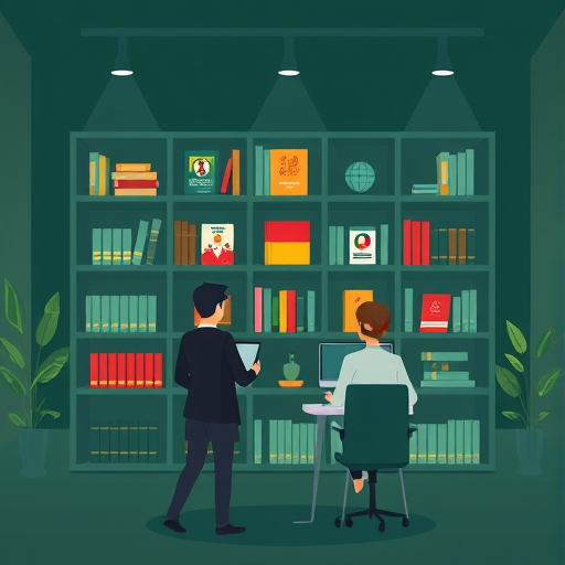illustration of AI-powered digital bookshelf with German learning content, animated icons for books, podcasts, and videos, technology interface, dark green palette, no text
