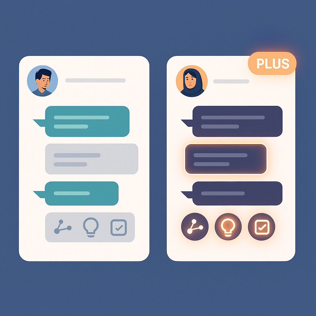 modern animated illustration showing two AI chat interfaces side by side, one with premium
