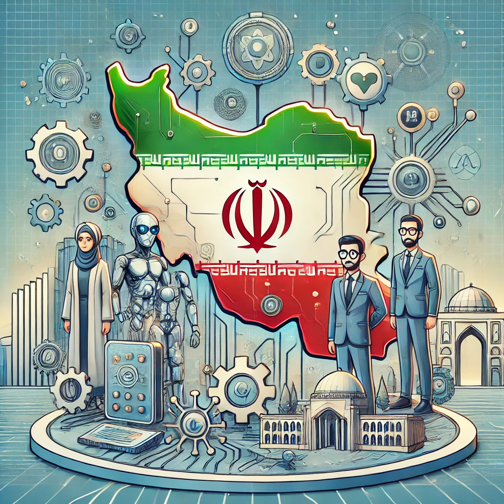 illustrated map with Iran highlighted, AI technology icons, premium badge, abstract tech elements, cartoon style, no text